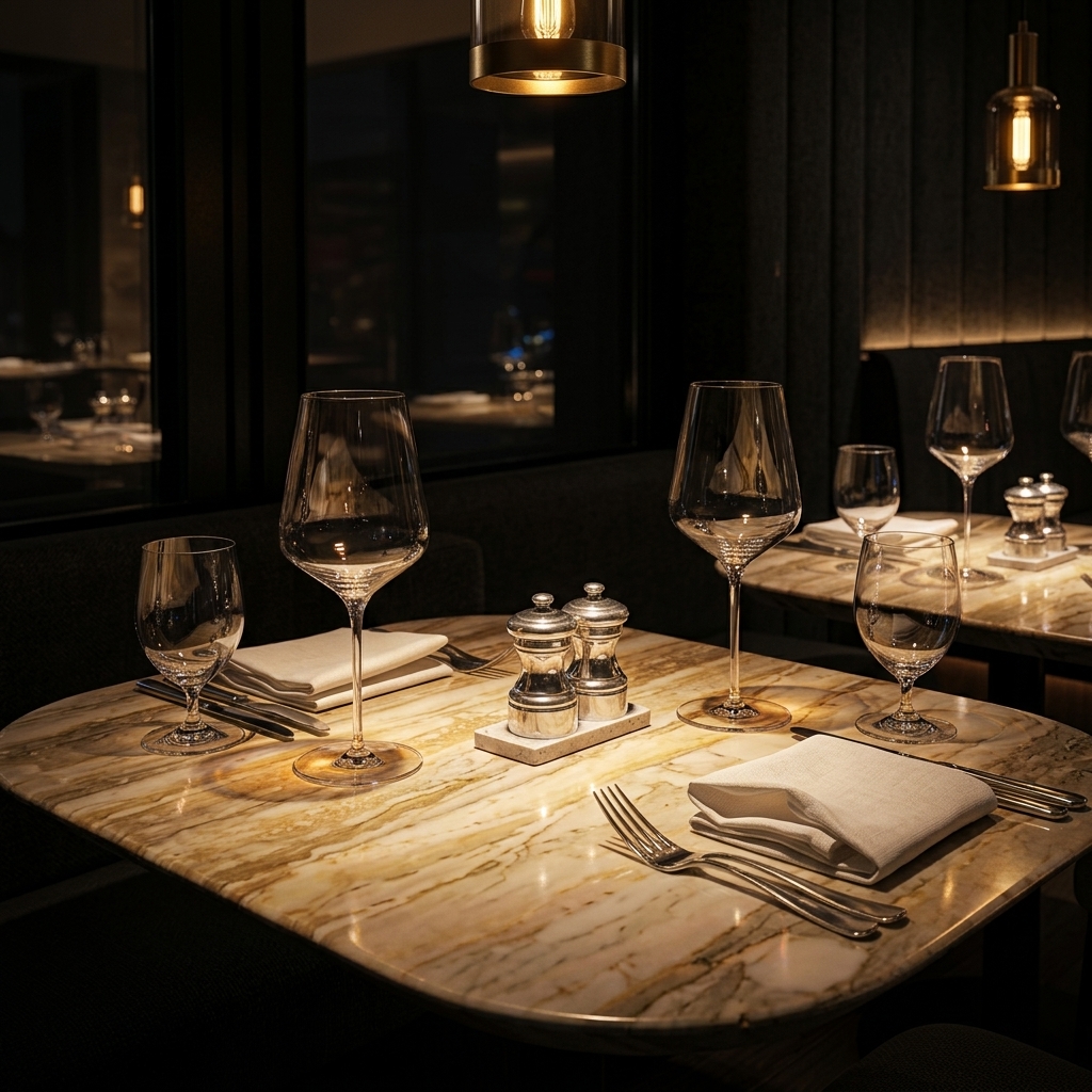 Mesa posta da Casa Nara com taças de vinho e serviço à luz baixa